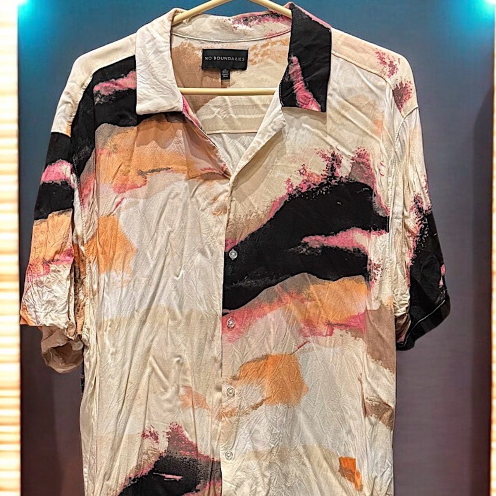 No Boundaries Men's Artistic Button Down Shirt - Cream, Black, Pink, Orange 2XL - Picture 5 of 6